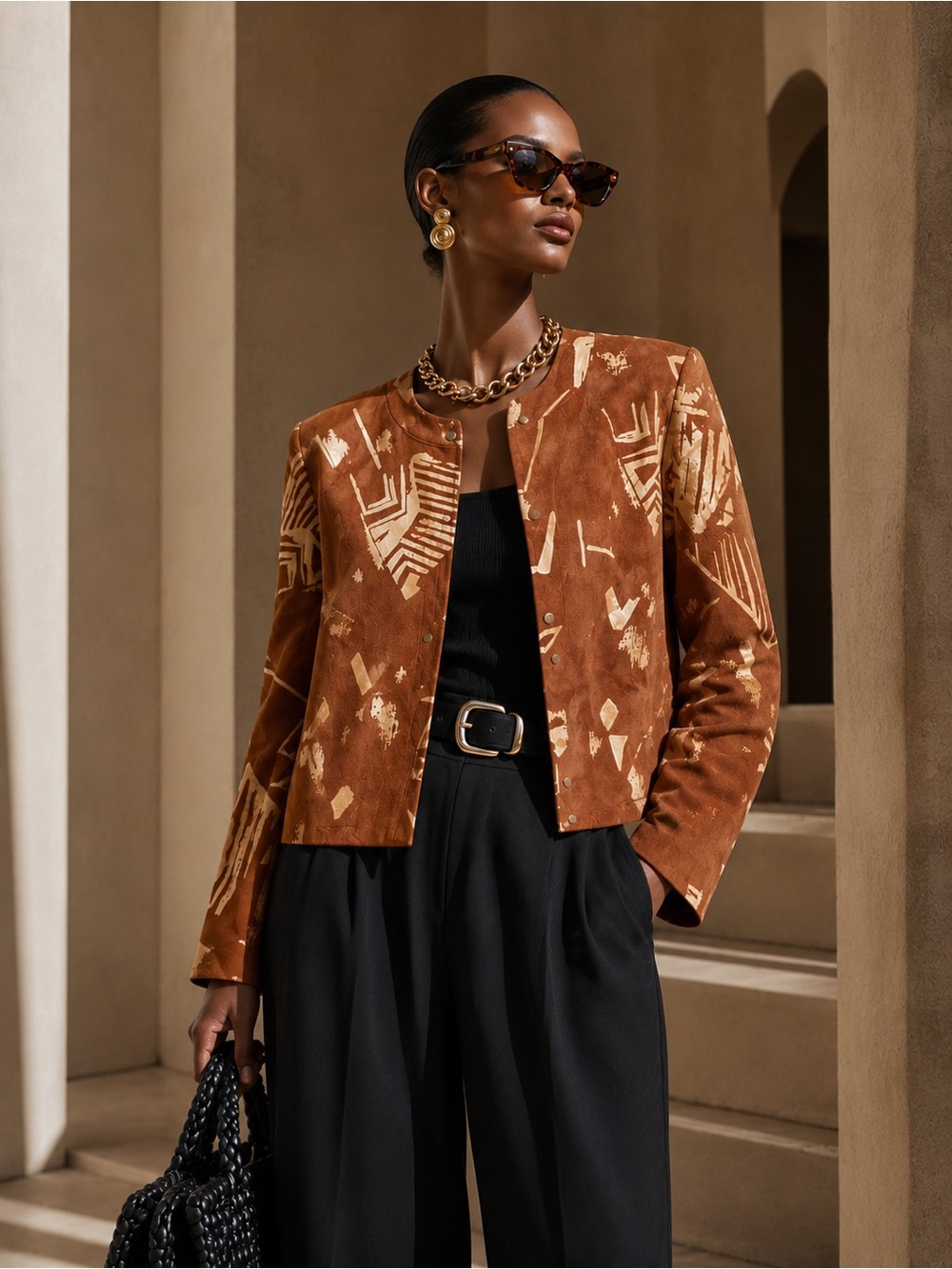 Cognac & Gold Genuine Leather Cropped Jacket